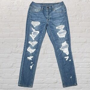 American Eagle Tomgirl‎ Jeans Womens 4 Blue Button Fly Distressed Grunge 28x29
